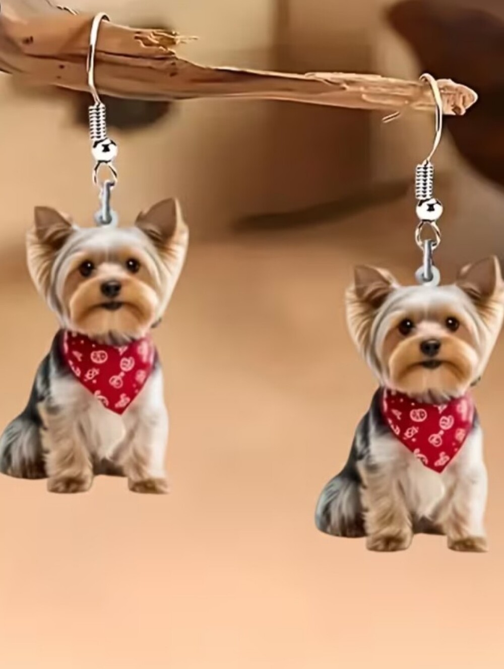 Hand Crafted Yorkie Dog Dangle Earrings with Red Bandana